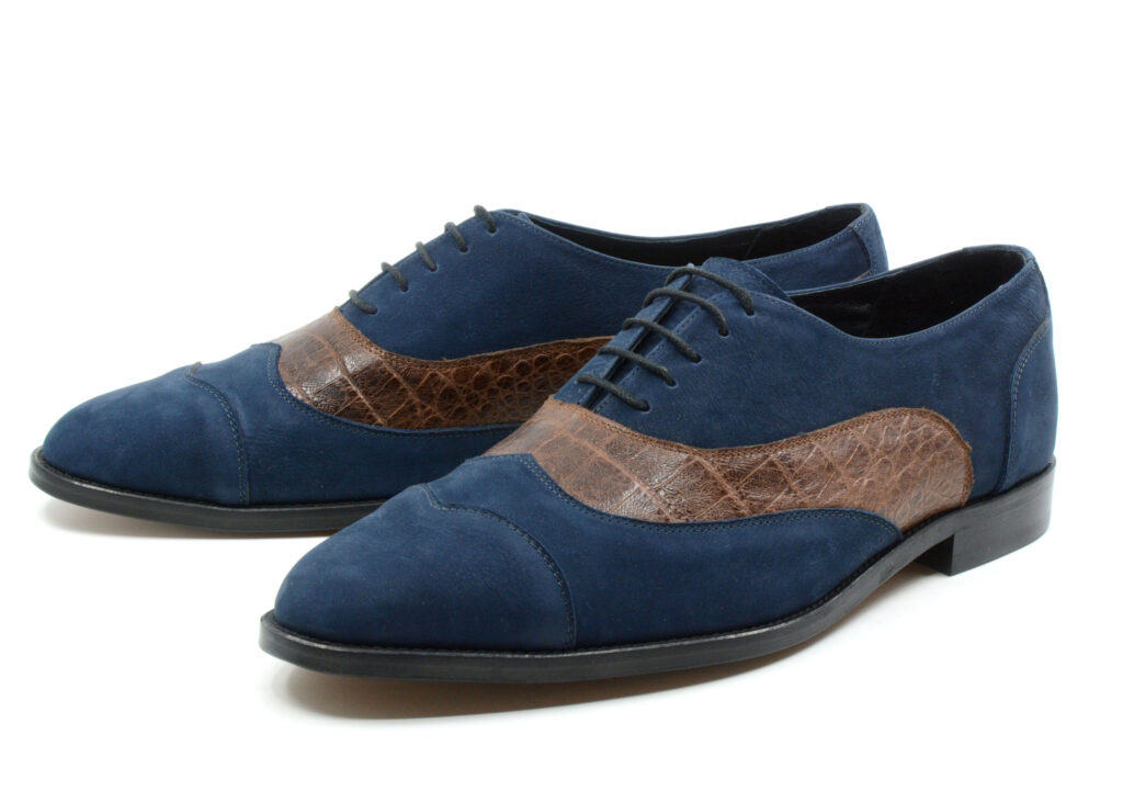 Eleganckie granatowe półbuty męskie Dariusz z nubuku i skóry o wzorze krokodyla na skórzanej podeszwie R. Karoń